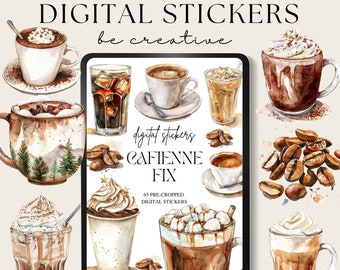 Puede incluir: Pegatinas digitales con ilustraciones de acuarela de varias bebidas de café, incluyendo lattes, cappuccinos, café helado y chocolate caliente. Las pegatinas están precortadas y listas para usar en planificadores digitales, diarios y otros proyectos creativos. El texto "CAFFIENE FIX" se muestra en la pantalla de una tableta.