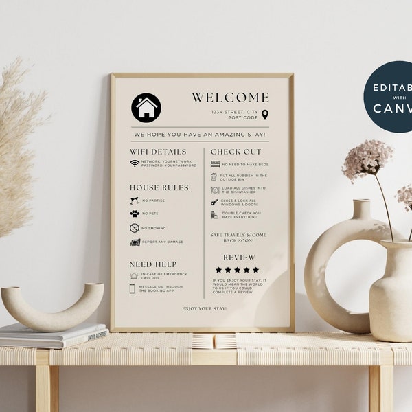 Welcome Sign for Airbnb Hosts, Vacation Rental Printable, Guest Arrival Poster, Template for VRBO, Things to Know, Beach House Rules, Wifi