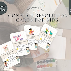 Kinder Affirmationskarten Vorlage Canva, Positive Sätze für Kinder, druckbare Schulkarten, bearbeitbare Konfliktlösungsdeck