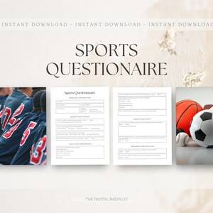 Op de afbeelding: Een digitale download met de titel "Sports Questionnaire" met een honkbalteam op de achtergrond. De vragenlijst bevat secties voor persoonlijke informatie, sportbetrokkenheid, doelen en voorkeuren. Sportballen zijn ook zichtbaar.