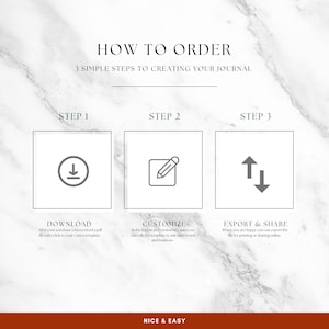 May include: A graphic with the text "HOW TO ORDER" and "3 SIMPLE STEPS TO CREATING YOUR JOURNAL." The steps are "DOWNLOAD," "CUSTOMIZE," and "EXPORT & SHARE." The background is white with a marble pattern.