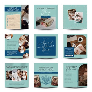 May include: A collage of nine Instagram posts about writing. The posts feature images of books, typewriters, and people writing. The text on the posts includes phrases like "Writing Bucketlist", "Create Your Own Story", "Do You Need a Professional Writer?", "In the End We All Become Stories", "Writing Course Update", "What's Your Current Read?", and "Poetry of the Week".