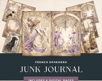 French Ephemera Junk Journal, Lavender Digital Pages, Vintage Paris Scrapbooking Instant Download, Scrapbook Paper, Shabby Chic Insert