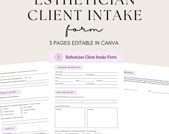 Esthetician Client Intake Form, Editable Template, Consent Forms, Instant Download for Beauty Professionals, Skincare Business Printable