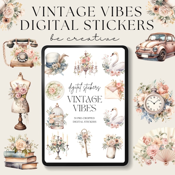 Vintage Vibes Digital Stickers, Goodnotes Retro, Nostalgia Stickers, Notability Planner, Scrapbooking, Journal Embellishments, Shabby Chic