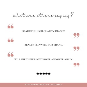 May include: A white background with a pink quote bubble containing the text "what are others saying?" and three additional pink quote bubbles with customer testimonials. The testimonials read: "BEAUTIFUL HIGH QUALITY IMAGES!" "REALLY ELEVATED OUR BRAND." "WILL USE THESE PHOTOS OVER AND OVER AGAIN." The image also includes five black stars and the text "KIND WORDS FROM OUR CUSTOMERS".