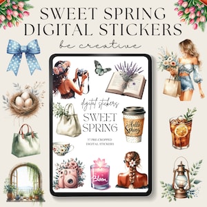 Adesivi digitali dolce primavera, adesivi floreali Goodnotes, adesivi vegetali, collezione di pianificatori Goodnotes, set di notabilità, adesivi stagionali