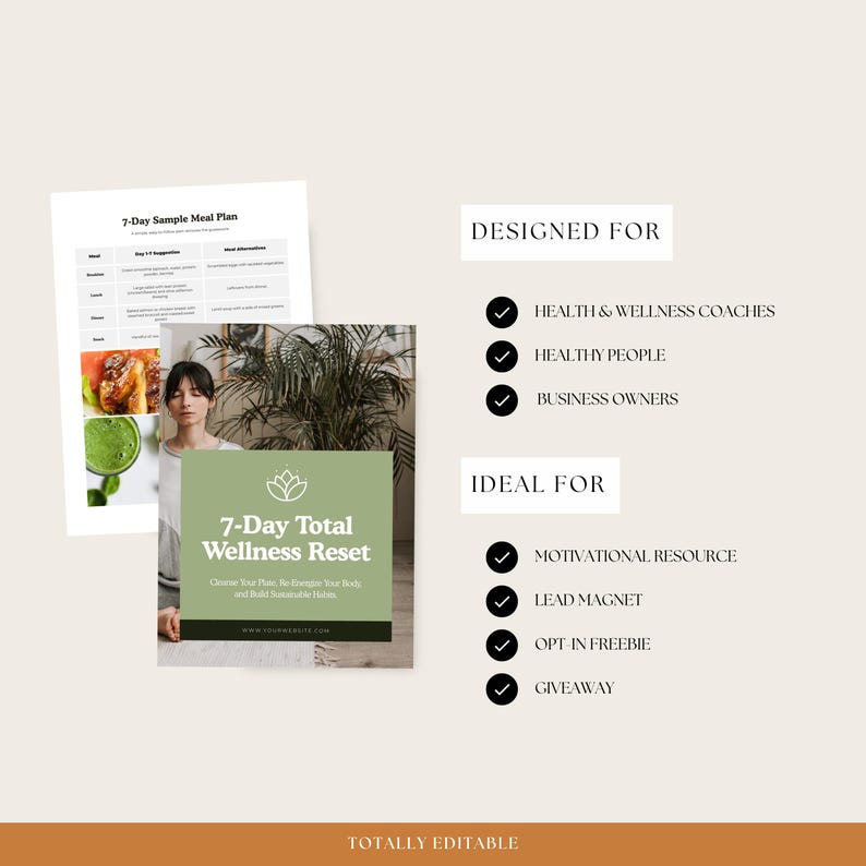 Puede incluir: Gr&aacute;fico promocional con el texto "7-Day Total Wellness Reset" y un ejemplo de plan de comidas. El dise&ntilde;o incluye una foto de una mujer y est&aacute; dise&ntilde;ado para entrenadores de salud, personas sanas y due&ntilde;os de negocios. Es un recurso motivacional.