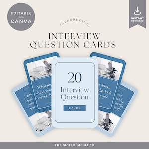 Puede incluir: Un conjunto de tarjetas de preguntas de entrevista con un diseño azul claro y blanco. La tarjeta central muestra "20 Interview Question Cards". Otras tarjetas presentan preguntas de entrevista. El diseño incluye el texto "Introducing Interview Question Cards."