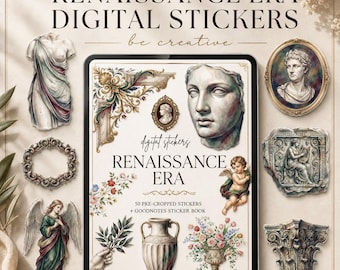 Renaissance Era Digital Stickers, Classical Art PNG Clipart, Vintage Statue Planner Set, Floral Frames, Digital Sticker Book Collection