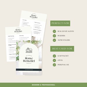 May include: A checklist for home remodelling projects. The checklist is divided into sections, including initial planning, hiring professionals, design and blueprints, execution, final touches, and review and feedback. The checklist is titled "The Complete Home Remodel Checklist".