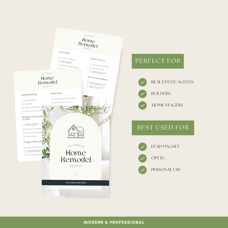 May include: A checklist for home remodelling projects. The checklist is divided into sections, including initial planning, hiring professionals, design and blueprints, execution, final touches, and review and feedback. The checklist is titled "The Complete Home Remodel Checklist".