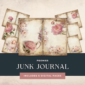 Peony Junk Journal Bundle, Floral Kit, Digital Download, Vintage Flower Mixed Media, Scrapbook Resource, Peonies Paper Crafts