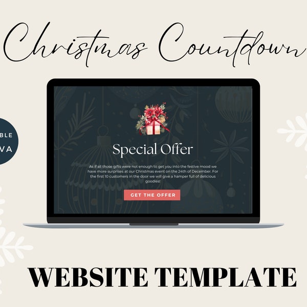 Holiday Sales Canva Website, Christmas Promo Website Theme, Festive Landing Page, Xmas Marketing Template, Editable Count Down To Christmas