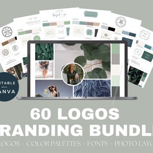 Puede incluir: Una pantalla de computadora portátil que muestra un tablero de estado de ánimo con imágenes de plantas, ropa y texturas. El texto "60 LOGOS BRANDING BUNDLE" se muestra debajo de la computadora portátil. El texto "60 LOGOS + COLOR PALETTES + FONTS + PHOTO LAYOUTS" se muestra debajo del texto del paquete.