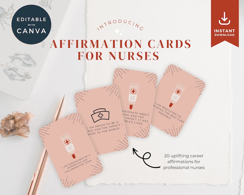 May include: A set of 20 printable affirmation cards for nurses. The cards are pink with black and white illustrations of a nurse's cap, a tube of hand cream, and a stethoscope. The text on the cards includes affirmations such as "I am proud to be a nurse and the impact I make in the world." and "I am dedicated to providing the best care possible."