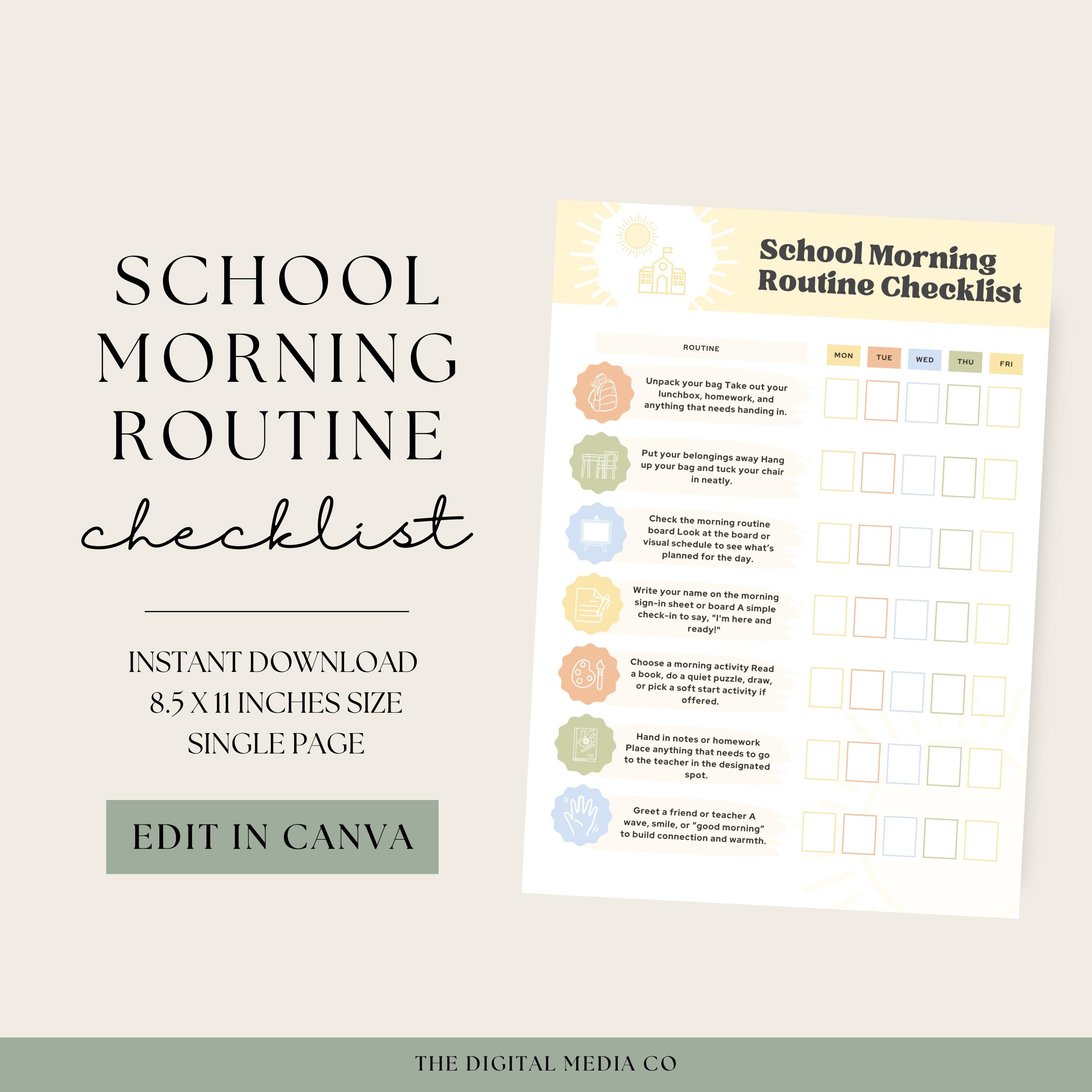 School Morning Routine Checklist, Kids Morning Char, Editable Back to ...