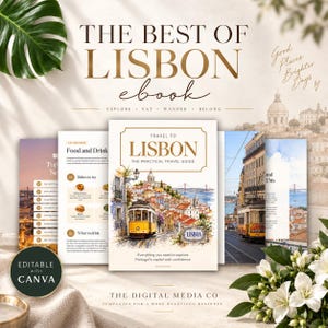 Peut inclure: Un modèle de livre numérique intitulé The Best of Lisbon présentant une couverture de guide de voyage avec une illustration de tramway jaune, des mises en page intérieures avec des sections nourriture et boissons, et le texte Editable with Canva.