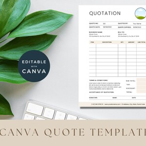 May include: A printable quotation template with a green landscape icon in the top right corner. The template includes fields for quote number, date, business name, quoted by, quote expires, item, description, quantity, amount, line total, terms and conditions, sub total, tax, discount, total, signature, name, and date. The template is editable with Canva.