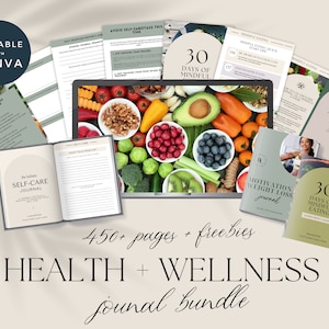 May include: A bundle of health and wellness journals with a green and white color scheme. The bundle includes a self-care journal, a 30-day mindful eating journal, a motivation weight loss journal, and an anxiety rehab journal. The journals are displayed on a laptop screen with a background image of fresh fruits and vegetables.