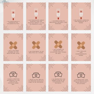 May include: A set of 12 pink affirmation cards for nurses. Each card features a different affirmation about nursing, such as "I am a valuable member of the healthcare team" and "I am always learning and growing as a nurse". The cards are decorated with a simple illustration of a first aid kit or bandage.