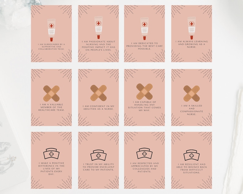 May include: A set of 12 pink affirmation cards for nurses. Each card features a different affirmation about nursing, such as "I am a valuable member of the healthcare team" and "I am always learning and growing as a nurse". The cards are decorated with a simple illustration of a first aid kit or bandage.