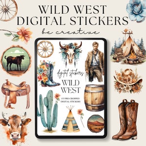 Adesivi per pianificatore digitale selvaggio West, adesivi digitali da cowboy, adesivi Goodnotes, Png di notabilità, pianificazione della vita del ranch, set di adesivi occidentali