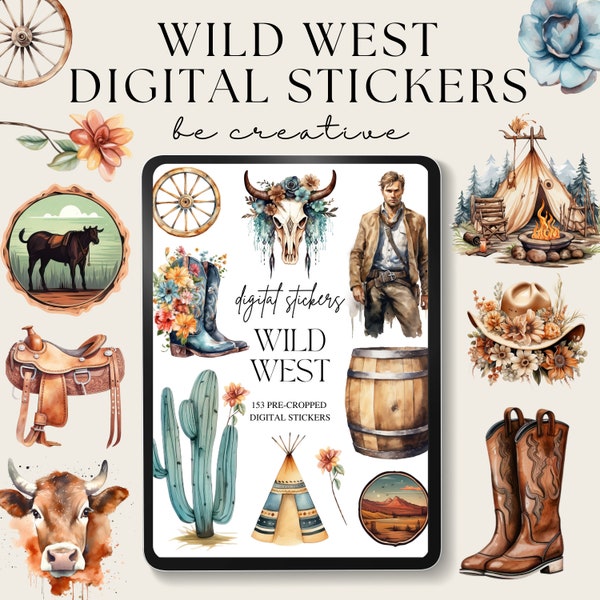 Wild West Digital Planner Stickers, Cowboy Digital Stickers, Goodnotes Stickers, Notability Pngs, Ranch Life Planning, Western Sticker Set
