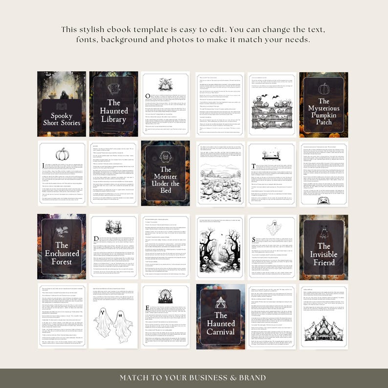 May include: A set of 10 Halloween-themed ebook covers with illustrations and text. The covers feature titles like "Spooky Short Stories", "The Haunted Library", "The Monster Under the Bed", "The Enchanted Forest", "The Mysterious Pumpkin Patch", "The Haunted Carnival", and "The Invisible Friend".