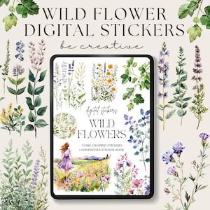 Puede incluir: Pegatinas digitales con ilustraciones de acuarela de flores silvestres. Las pegatinas est&aacute;n precortadas y listas para usar en planificadores o notas digitales. El texto de la imagen dice "WILD FLOWER DIGITAL STICKERS be creative digitat stickers WILD FLOWERS 53 PRE-CROPPED STICKERS + GOODNOTES STICKER BOOK"