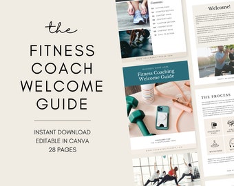 May include: A teal and white welcome guide for fitness coaches. The guide includes 28 pages and is editable in Canva. The cover features a phone, dumbbells, and resistance bands.