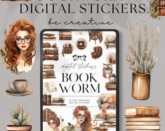 May include: A digital sticker set featuring 61 pre-cropped illustrations of books, glasses, a cat, a fireplace, and other bookworm-themed imagery. The stickers are in a watercolour style with brown, beige, and white tones.