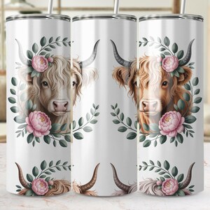 Highland Cow Digital Tumbler Wrap, Floral Cow PNG, Cute Cow Tumbler Design, Cow Sublimation Design, Tumbler Wrap PNG, 20oz Tumbler