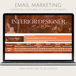 May include: A laptop screen displays an email marketing guide for interior designers. The screen shows a cheat sheet with email subject lines and content ideas. Text includes "Email Marketing" and "Make More Time To Be Creative."