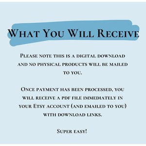 May include: A blue text box with the words "WHAT YOU WILL RECEIVE" in white text. The text below explains that this is a digital download and no physical products will be mailed. It also states that once payment is processed, a PDF file will be sent to the buyer's Etsy account and emailed with download links. The text ends with "SUPER EASY!"