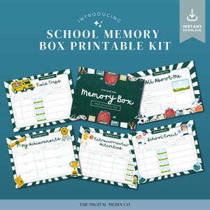 May include: A printable school memory box kit with six different templates. The templates include sections for field trips, all about me, achievements, extracurricular activities, and school events. The kit is designed with a green and white colour scheme.