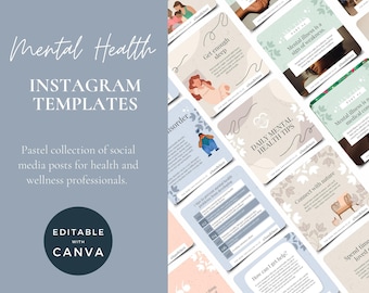 Canva Template Mental Health, Wellness Mental Health Instagram Templates Canva, Psychologist Instagram Posts for Life Coach, Therapist