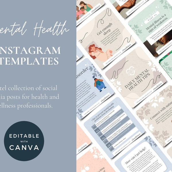 Canva Template Mental Health, Wellness Mental Health Instagram Templates Canva, Psychologist Instagram Posts for Life Coach, Therapist