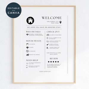 Cartello di benvenuto per host Airbnb, stampabile per case vacanze, poster di arrivo degli ospiti, modello per VRBO, cose da sapere, segnaletica per le vacanze, viaggi