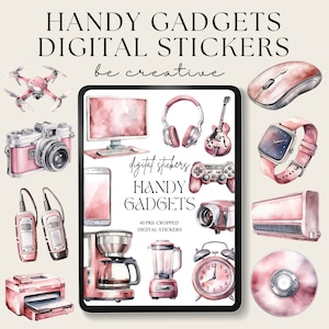 May include: A digital sticker set featuring 40 pre-cropped images of various pink and white gadgets, including a camera, a coffee maker, a blender, a drone, a computer, a gaming console, a watch, a speaker, a printer, a mouse, a guitar, a CD, and an alarm clock. The text "digital stickers Handy Gadgets 40 pre-cropped digital stickers" is displayed on a tablet screen.