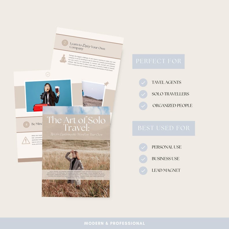 May include: A promotional graphic with the title "The Art of Solo Travel." The image includes a woman in a field, a person with a suitcase, and text that reads "Perfect For" and "Best Used For." The design is modern and professional.