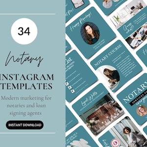 34 Notary Instagram Templates, Public Notary Marketing, Loan Signing Agent Posts, Teal Blue Canva Templates For Notaries, Notary bundle