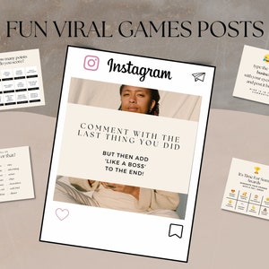 K&ouml;nnte beinhalten: Eine Collage von Instagram-Posts mit lustigen viralen Spielen. Der Hauptbeitrag zeigt eine Frau mit dem Text "COMMENT WITH THE LAST THING YOU DID BUT THEN ADD 'LIKE A BOSS' TO THE END!"