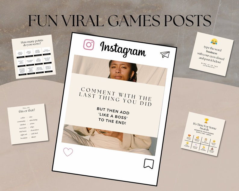 K&ouml;nnte beinhalten: Eine Collage von Instagram-Posts mit lustigen viralen Spielen. Der Hauptbeitrag zeigt eine Frau mit dem Text "COMMENT WITH THE LAST THING YOU DID BUT THEN ADD 'LIKE A BOSS' TO THE END!"