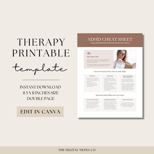 May include: A printable therapy template with the text "THERAPY PRINTABLE template" in a handwritten font. The template is 8.5 x 11 inches and includes an ADHD cheat sheet with tips and tricks. The design is neutral with a beige background.