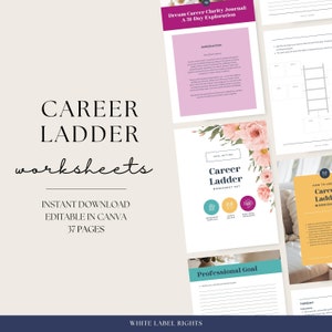 Könnte beinhalten: Ein Satz druckbarer Karriereleiter-Arbeitsblätter in Rosa, Türkis und Gelb mit floralen Illustrationen. Die Arbeitsblätter sind mit "Career Ladder Worksheet Set", "Professionelles Ziel" und "So verwendest du Karriereleiter-Arbeitsblätter" betitelt. Der Text "Sofort-Download, in Canva bearbeitbar, 37 Seiten" ist ebenfalls enthalten.
