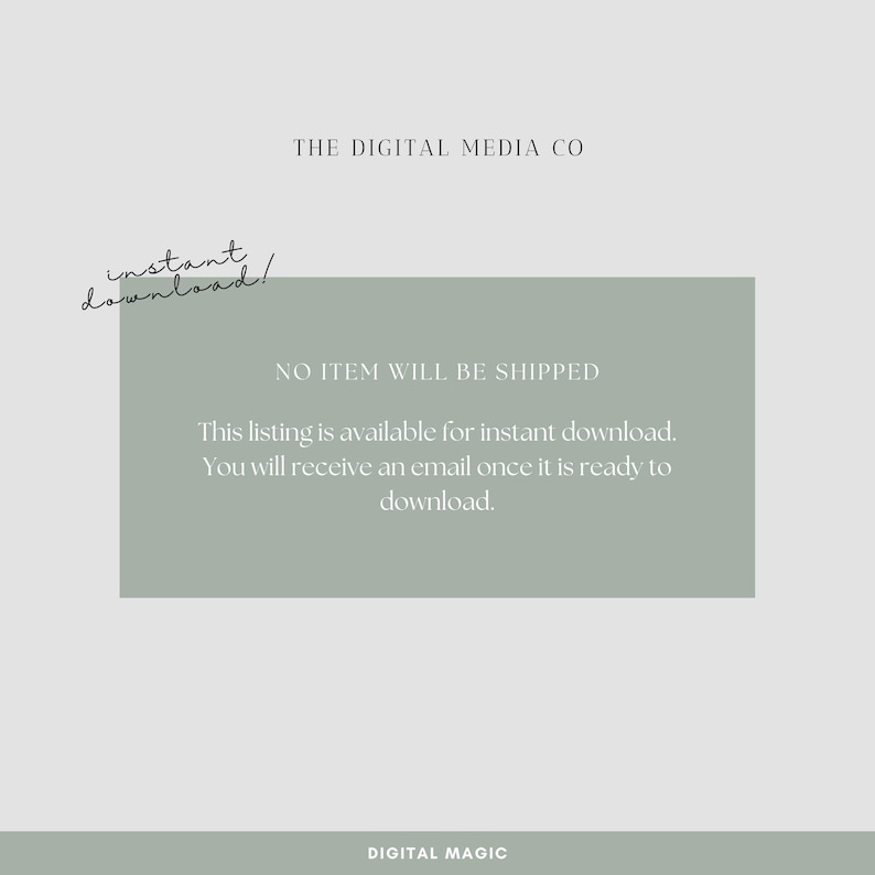 Puede incluir: Anuncio de listado de productos digitales con el texto "&iexcl;descarga instant&aacute;nea!" en una fuente manuscrita. El texto "THE DIGITAL MEDIA CO" est&aacute; en la parte superior. El texto "NO SE ENVIAR&Aacute; NING&Uacute;N ART&Iacute;CULO" est&aacute; en el centro, con detalles adicionales sobre la descarga instant&aacute;nea.