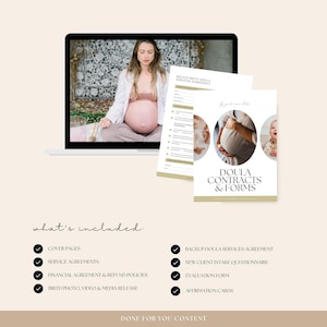 May include: A digital download of doula contracts and forms, including a backup birth doula services agreement, new client intake questionnaire, evaluation form, and affirmation cards. The image shows a laptop with a photo of a pregnant woman meditating, and two printed forms with the text "Doula Contracts & Forms".