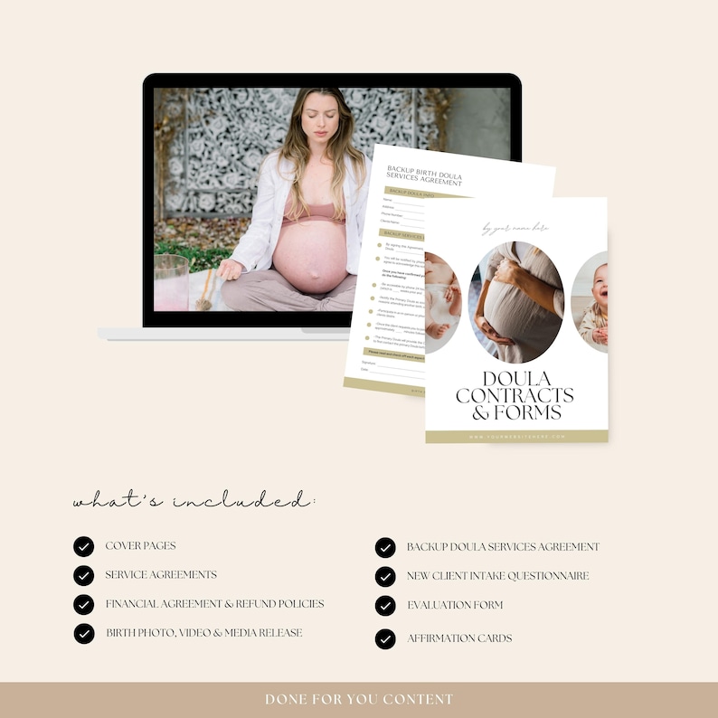 May include: A digital download of doula contracts and forms, including a backup birth doula services agreement, new client intake questionnaire, evaluation form, and affirmation cards. The image shows a laptop with a photo of a pregnant woman meditating, and two printed forms with the text "Doula Contracts & Forms".