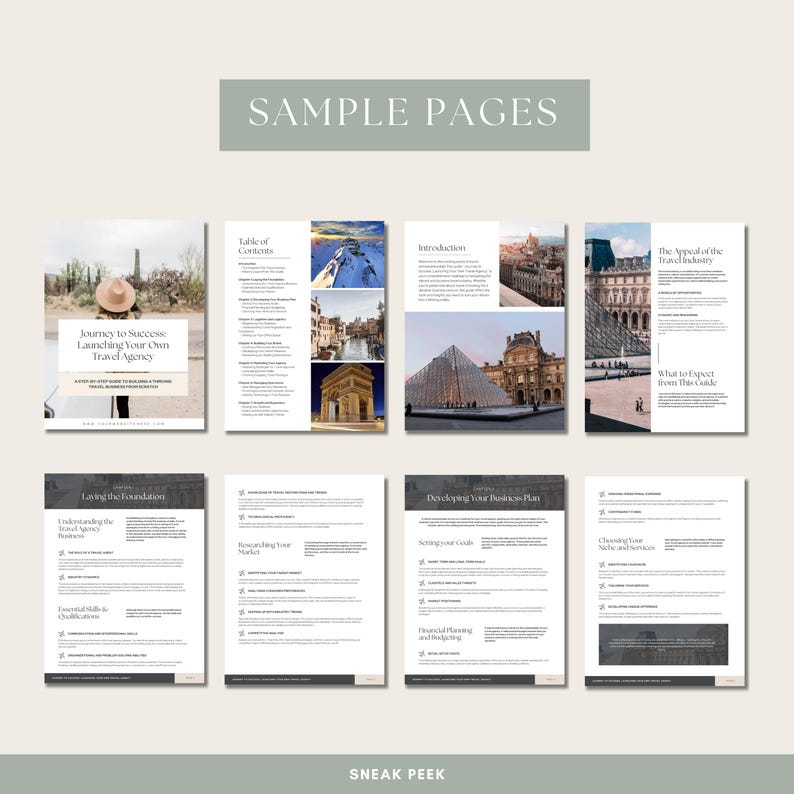 May include: A layout of sample pages from a travel agency guide. The pages include the title "Journey to Success Launching Your Own Travel Agency", a table of contents, and sections on business planning and financial aspects. The text "Sample Pages" and "Sneak Peek" are also visible.